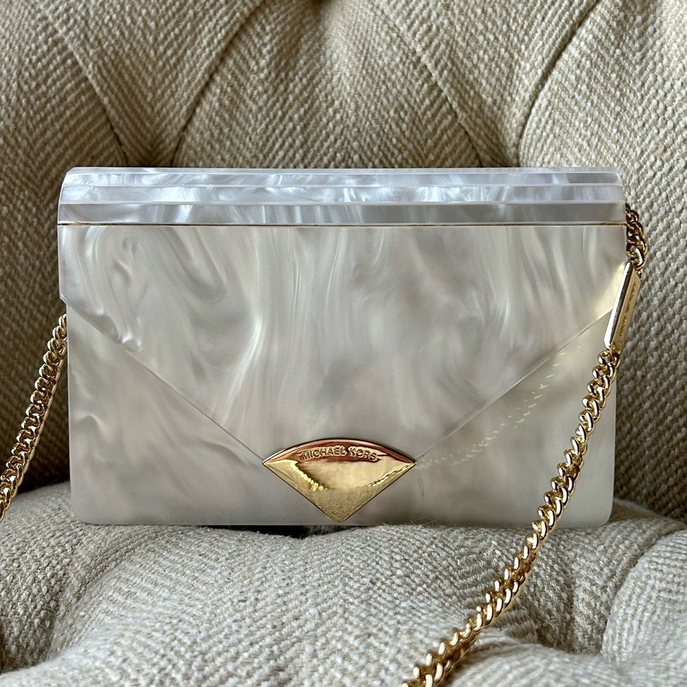 Michael Kors Pearl-Effect Acrylic Envelope Crossbody with Gold Chain